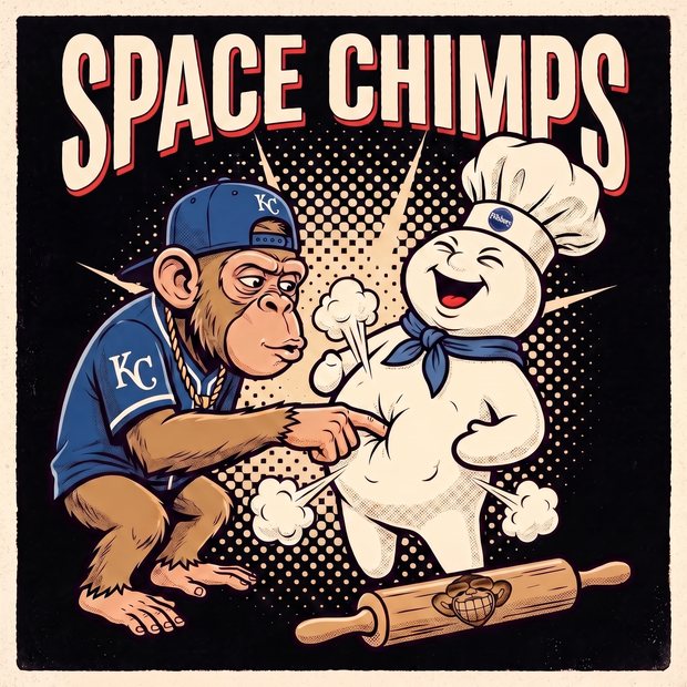 One of one Space Chimps design made for Ken: a chimp in a Kansas City jersey and backwards cap poking the belly of a laughing doughboy character, with a rolling pin below and the SPACE CHIMPS wordmark arced above